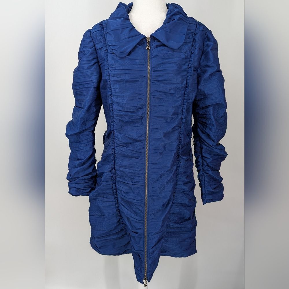 Samuel Dong Luxury Designer Navy Blue Ruched Collared Full Zip Coat X-Large XL